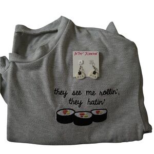 Sushi Lovers Bundle Gray Sweatshirt with Sushi Embroidery and Matching Earrings